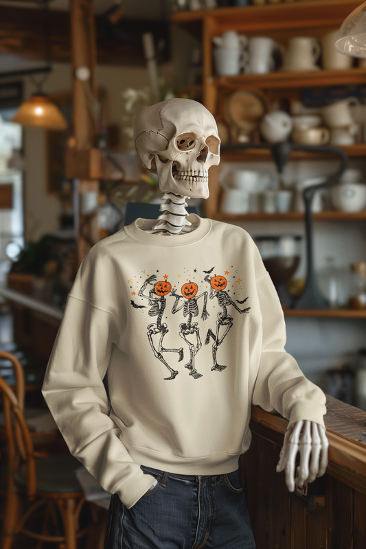 Dancing Skeleton w/ Pumpkin Heads Crewneck Sweater | Halloween Related, Boo Scary Spooky Horror Costume Vibes | 3 Colors - Unisex - seen on celebs