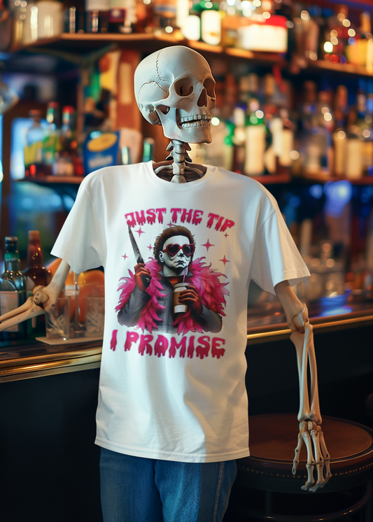 Michael "Just The Tip I Promise" Myers T-shirt | Halloween Related, Boo Scary Spooky Horror Costume Vibes | 4 Colors - Unisex - seen on celebs