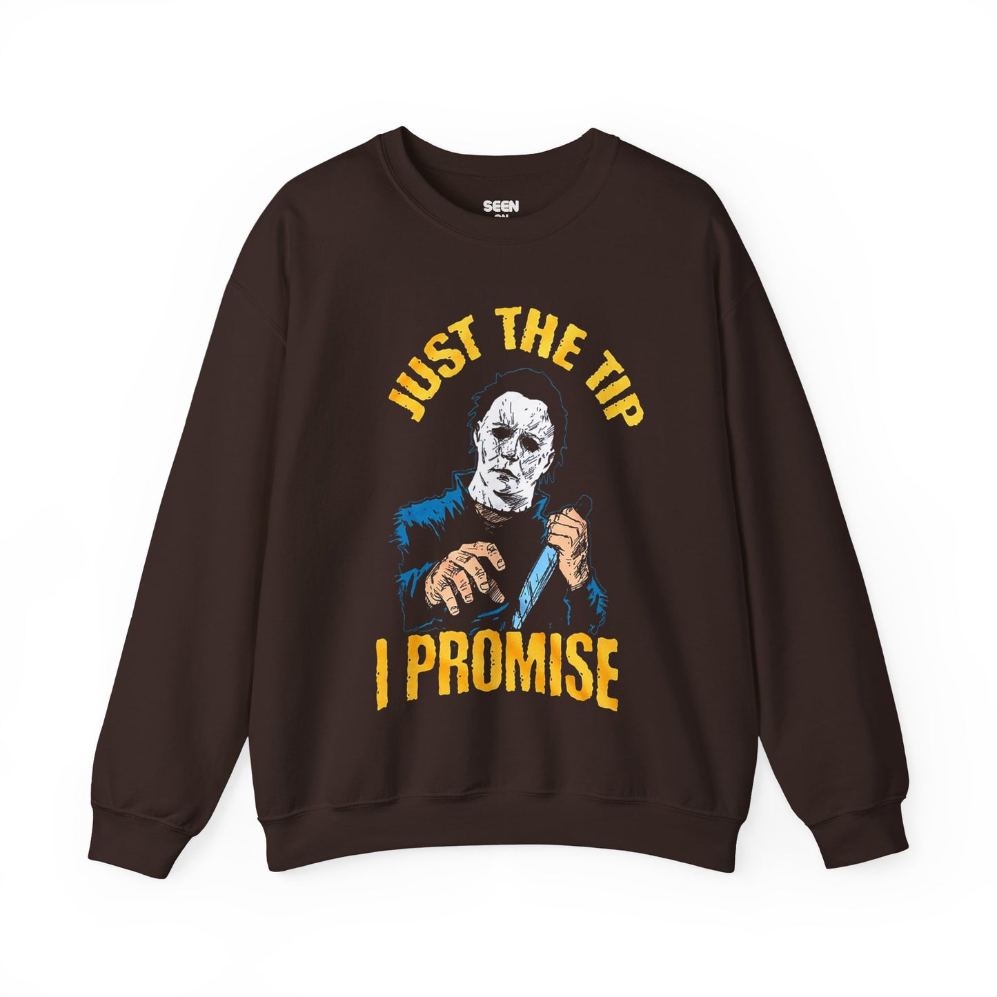 Michael "Just The Tip I Promise" Myers Retro Crewneck Sweater | Halloween Related, Boo Scary Spooky Horror Costume Vibes | 3 Colors