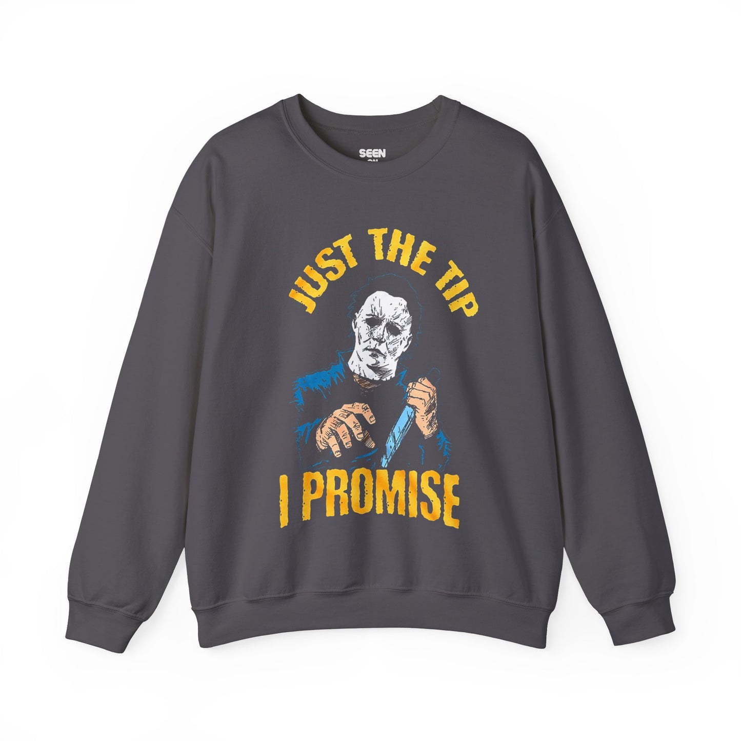 Michael "Just The Tip I Promise" Myers Retro Crewneck Sweater | Halloween Related, Boo Scary Spooky Horror Costume Vibes | 3 Colors