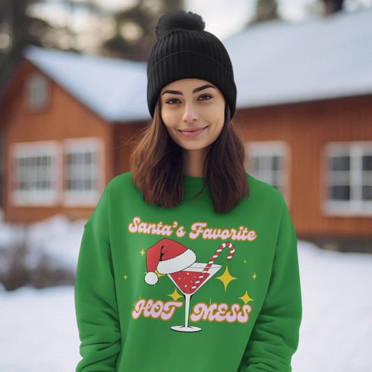 Santa's Favorite Hot Mess Christmas Sweater Martini Glitter Sweatshirt 3 Colors