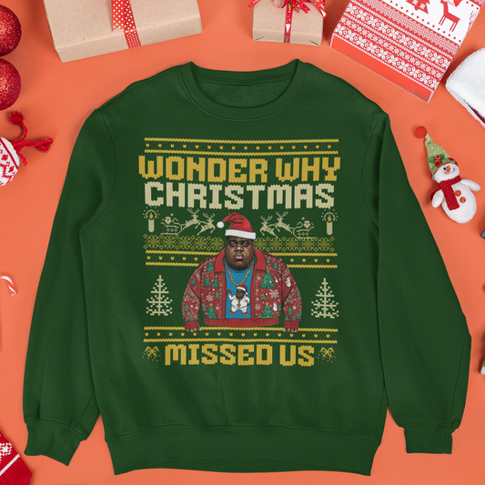 Wonder Why Christmas Missed Us Biggie Hip Hop Ugly Christmas Sweatshirt | Notorious Funny | 3 Colors