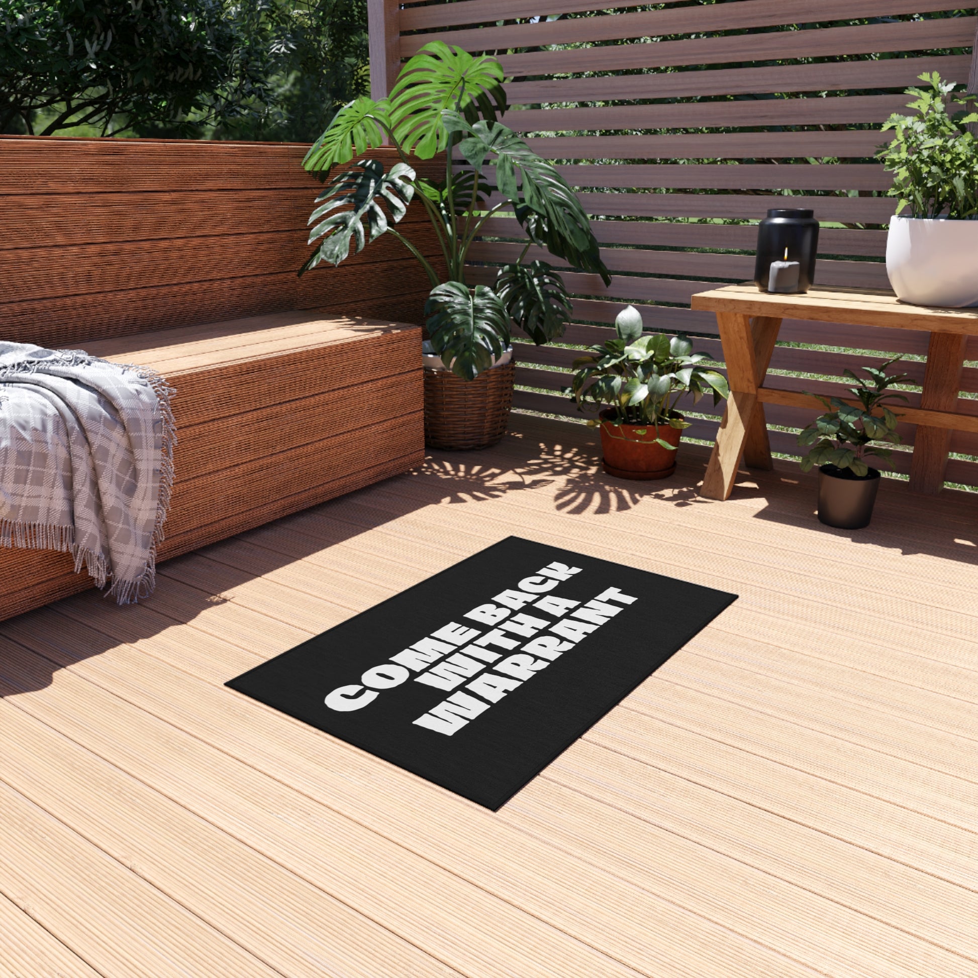 "COME BACK WITH A WARRANT" Outdoor Non-Slip Door Mat | Viral Funny Welcome Design - seen on celebs