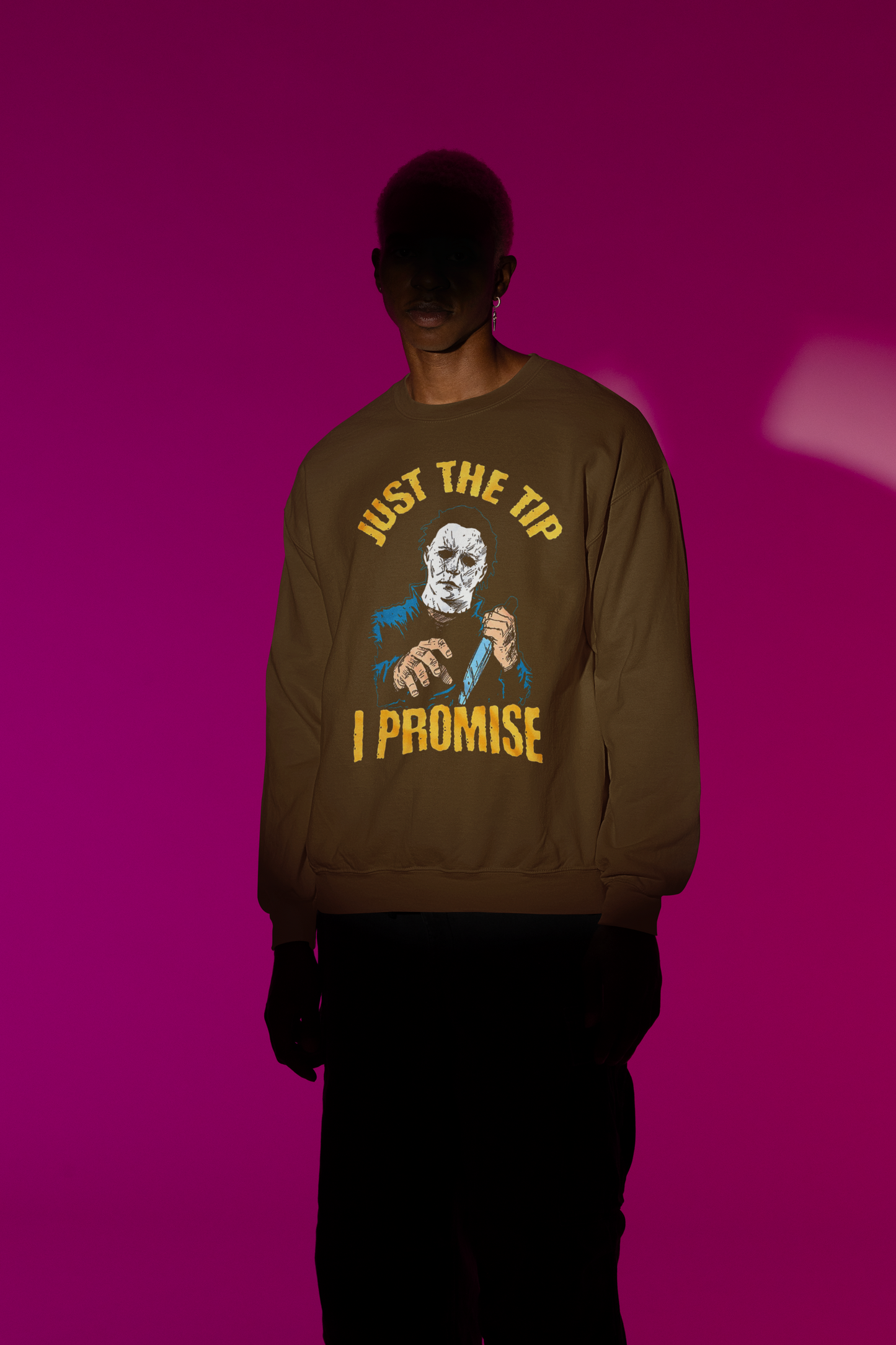 Michael "Just The Tip I Promise" Myers Retro Crewneck Sweater | Halloween Related, Boo Scary Spooky Horror Costume Vibes | 3 Colors