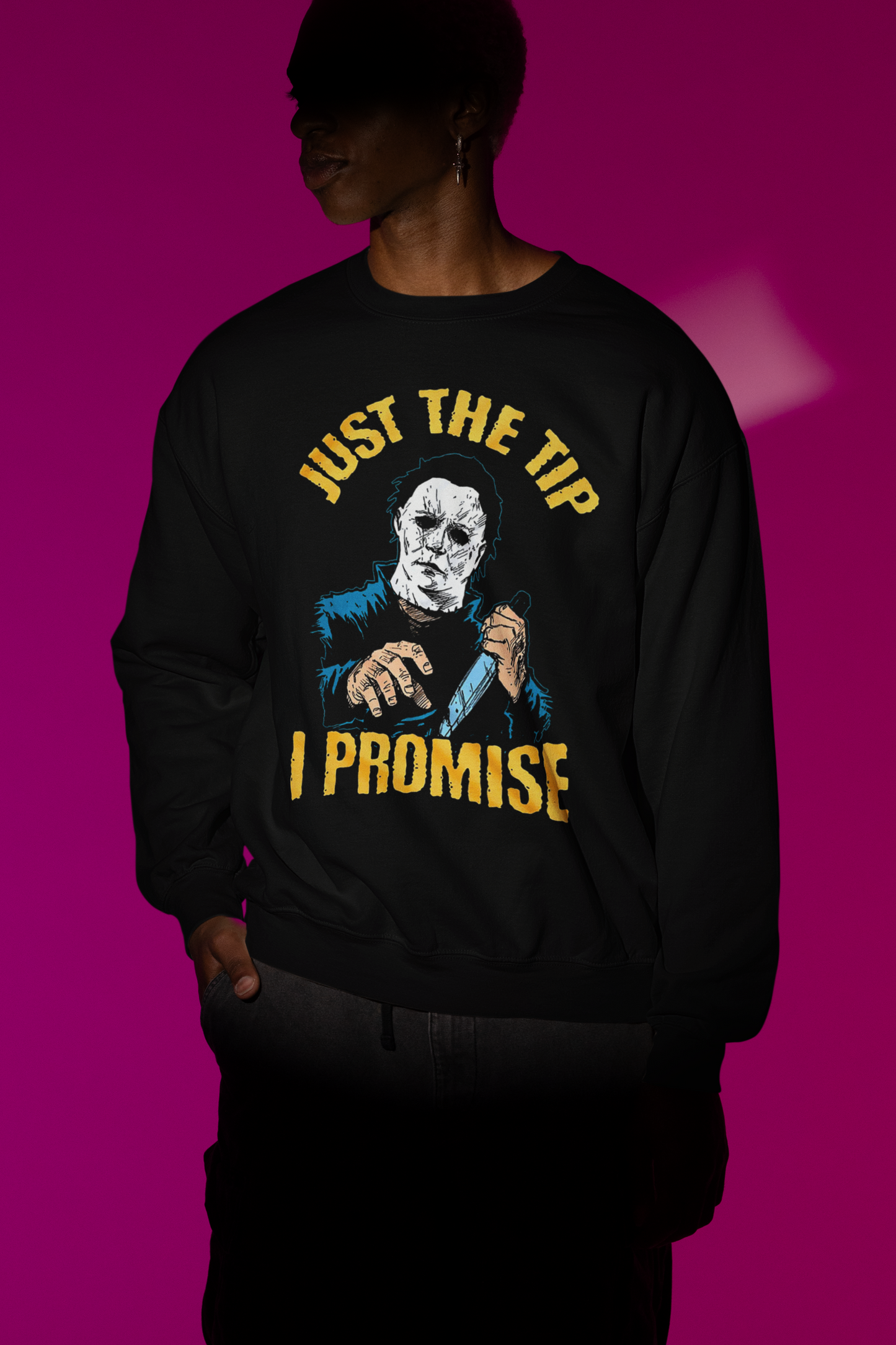 Michael "Just The Tip I Promise" Myers Retro Crewneck Sweater | Halloween Related, Boo Scary Spooky Horror Costume Vibes | 3 Colors