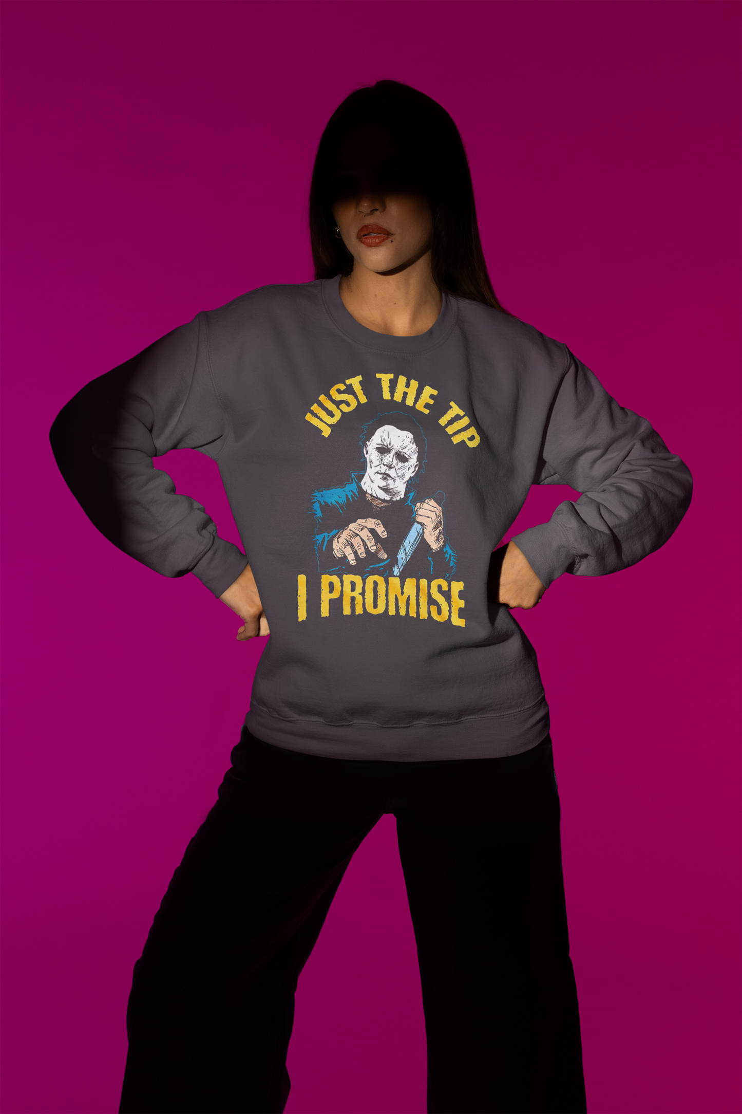 Michael "Just The Tip I Promise" Myers Retro Crewneck Sweater | Halloween Related, Boo Scary Spooky Horror Costume Vibes | 3 Colors