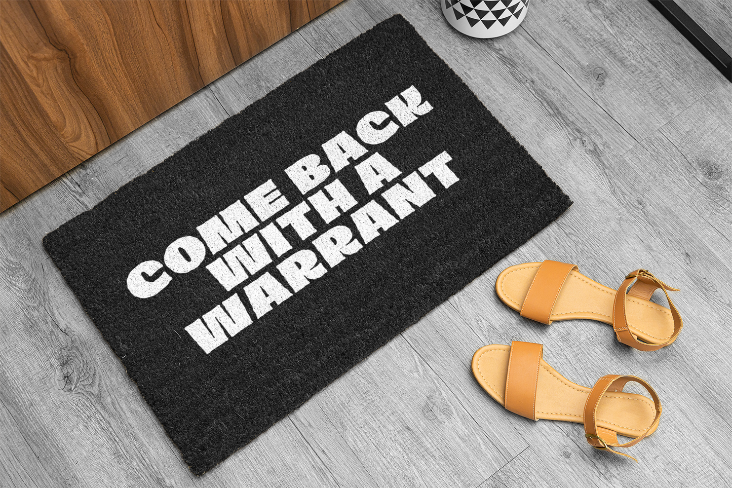 "COME BACK WITH A WARRANT" Outdoor Non-Slip Door Mat | Viral Funny Welcome Design - seen on celebs