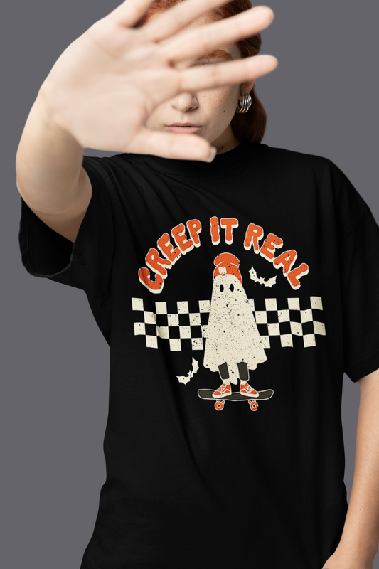 Creep It Real Ghost & Bats On A Skateboard T-shirt | Halloween Related, Boo Scary Vibes | 3 Colors - Unisex