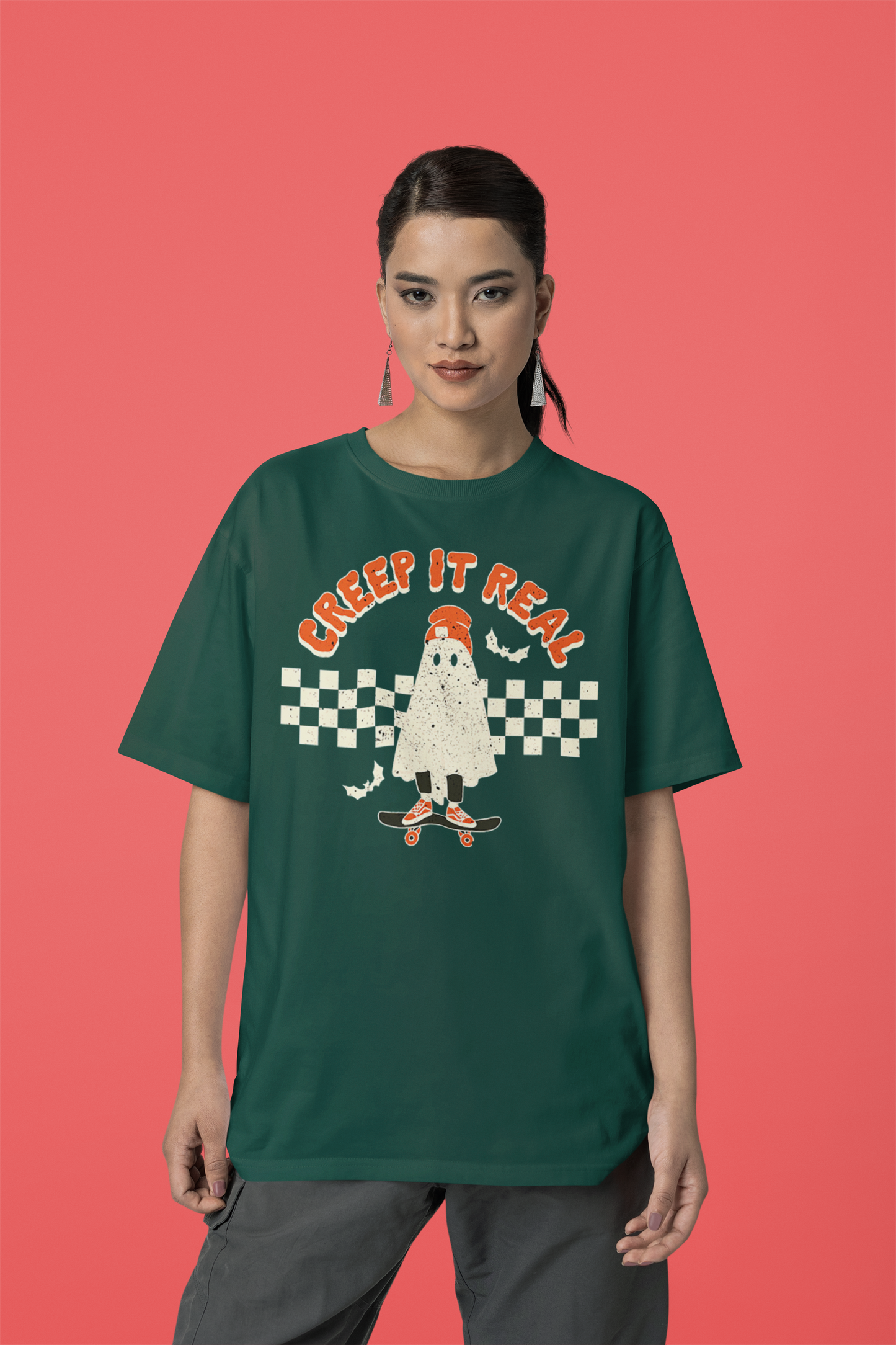 Creep It Real Ghost & Bats On A Skateboard T-shirt | Halloween Related, Boo Scary Vibes | 3 Colors - Unisex