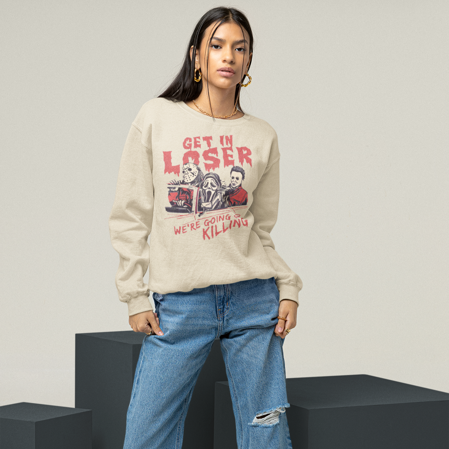 Get In Loser, We're Going Killing Jason Scream Micheal Myers Crewneck Sweater | Halloween Related, Spooky Horror Vibes | 3 Colors